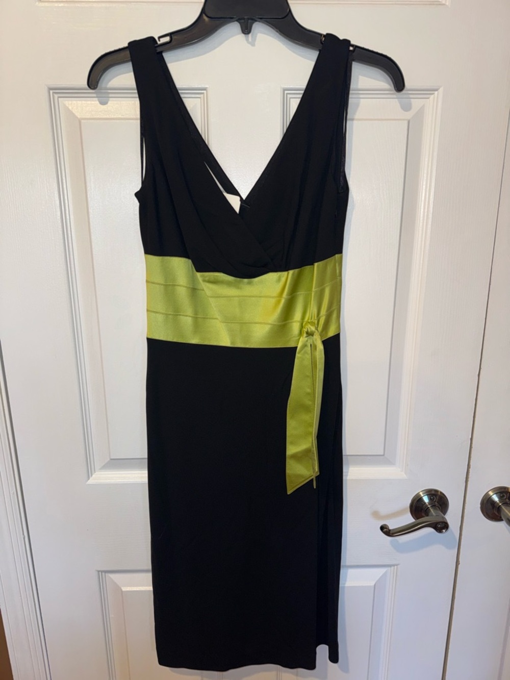Kay Unger Black Midi Dress with Lime Green Waist Design
